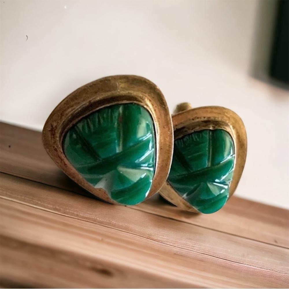 Sterling Silver JADE SCARAB EARRINGS VTG ESTATE